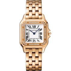 Cartier - Panthère de Cartier watch - Watch Woman Pink gold/Diamond - Panthère de Cartier watch, medium model, quartz movement. Case in 18K rose gold set with brilliant-cut diamonds, dimensions: 27 mm x 37 mm, thickness: 6 mm, crown set with a diamond, silvered dial, blued-steel sword-shaped hands, 18K rose gold bracelet. Water-resistant to 3 bar (approx. 30 meters). Pink Gold Bracelet, Cartier Panther, Cartier Calibre, Cartier Diamond, Cartier Vintage, Cartier Gold, Gold Diamond Watches, Cartier Panthere, Cartier Santos