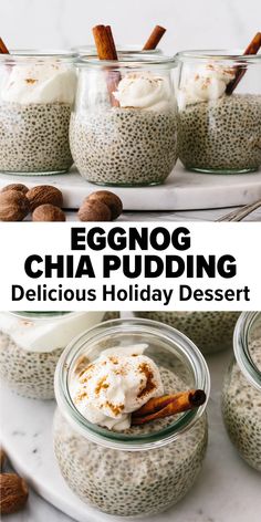 eggnog chia pudding in small glass jars with cinnamon sticks and whipped cream