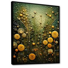 an abstract painting with yellow flowers and water drops