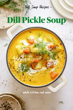 a bowl of dill pickle soup on a white table