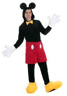 a man in mickey mouse costume standing with his hands out to the side and smiling