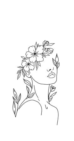 a line drawing of a woman with flowers in her hair, looking to the side