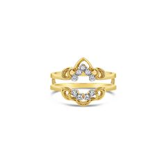 a yellow gold ring with two diamonds on the side and an open design in the middle