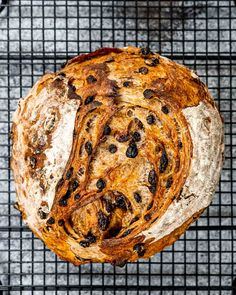 a loaf of bread sitting on top of a cooling rack with raisins in it