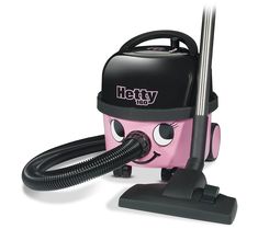 a pink and black vacuum cleaner with eyes on it