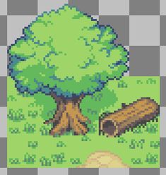 a pixellated image of a tree with a log in the grass next to it