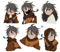 various poses of an anime character with black hair and gray eyes, wearing brown clothes