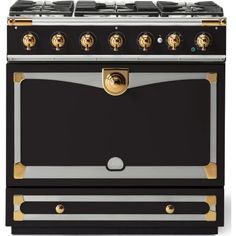 a black and gold stove top oven with two burners on each side, in front of a white background