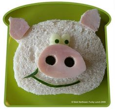 a pig face made out of rice on a green plate