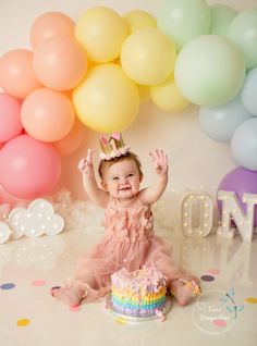 Pastel Rainbow First Birthday Photoshoot, Rainbow First Birthday Photoshoot, Pastel Rainbow Smash Cake, 1st Birthday Photo Shoot Ideas, Rainbow Smash Cake, Pastel Cake Smash, Rainbow Smash Cakes, Rainbow Cake Smash