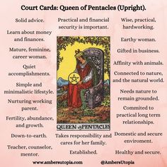 The Queen of Pentacles, in an upright position from the suit of pentacles in the tarot deck and its meanings, including the astrology and numerology meanings. 

#QueenofPentacles #SuitofPentacles #TarotCardMeanings #Tarot Tarot Queen Of Pentacles, Queen Of Pentacles Tarot Meaning, Numerology Meanings, Pentacles Tarot Meaning, Learning Tarot