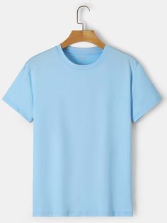 Hombres Camiseta unicolor de cuello redondo Celeste Casual  manga corta Tela Liso  Estiramiento medio Verano Men Clothing, size features are:Bust: ,Length: ,Sleeve Length: T Shirts Plain, Te Shirt, Solid Tshirts, Blue T Shirts, Plain Tee Shirts Men, Plain T-shirts, Simple T Shirt, Light Blue T Shirt, Blue T Shirt Outfit Men