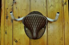 an animal's head mounted to the side of a wooden wall with white horns