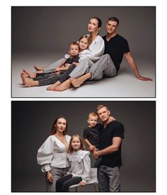 the family is posing for pictures together in their own photo studio, and they are all sitting on the floor