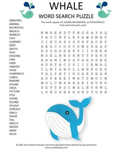 the whale word search puzzle is shown in blue and white with words that spell it out