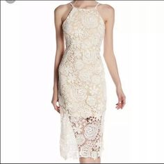 Super Cute Never Worn White Lace Halter Neck Dress. Beautiful Lace Overlay With Elegant Detailing. I Bought It For A Wedding Related Event That I Ended Up Wearing Something Else To Lace Tunic Dress, Black Ruffle Dress, Navy Lace Dress, Lace Party Dresses, Halter Neck Dress, Brocade Dresses, Chiffon Midi Dress, Lace Overlay Dress, Red Lace Dress