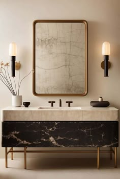 a bathroom vanity with two sinks and a large mirror above it, in front of a beige wall