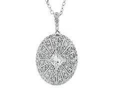 0.20ct princess cut center stone surrounded by 0.30ctw round white diamond, rhodium over 10k white gold drop pendant. Suspends from an 18 inch cable chain with a jump ring at 16 inches and a lobster claw clasp closure. Measures approximately 3/4"L x 7/16"W and has a 1.00mm bail. White Gold Jewelry With Diamond Accents Oval Pendant, Oval Diamond Cut Pendant Jewelry, Anniversary Oval Pendant With Pave Setting, Anniversary Jewelry With Pave Setting Oval Pendant, Diamond Oval Pendant With Pave Setting, Oval Diamond Pendant With Pave Setting, Diamond White Round Pendant With Halo Design, Anniversary Pave Setting Oval Pendant Jewelry, White Gold Round Pendant With Vvs Clarity