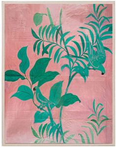 a painting with green leaves on a pink background