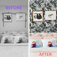 before and after photos of a bedroom with wallpaper, bedspread, and pictures on the walls