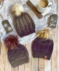 How adorable is this purple ombré with the fluffy pompoms?!? I have fallen in love with each of these adorable beanie designs and you will too!! They are so soft and warm and have the perfect amount of stretch to fit any head!  This listing is for your choice of three different taupe and eggplant purple ombré beanies with removable faux fur pompoms. You will receive the exact hat(s) that is pictured.  Simply select your beanie from the drop down menu and click add to cart. Proceed to checkout an Winter Purple Knitted Hat, Purple Yarn Beanie For Winter, Ombre Knit, Warm Winter Hats, Eggplant Purple, Purple Ombre, Knitting Women, Knit Hat, Winter Hat