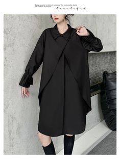 Moongor Street Style Fake Two Piece Button Long Sleeve Midi Dress Black Long Sleeve Shirt Dress For Winter, Black Long Sleeve Winter Shirt Dress, Black Long Sleeve Shirt Dress For Fall, Black Collared Shirt Dress For Winter, Black Long Sleeve Midi Dress For Work, Black Asymmetrical Midi Dress For Office, Black Shirt Dress For Winter Workwear, Black Collared Shirt Dress For Office, Button Long Sleeve