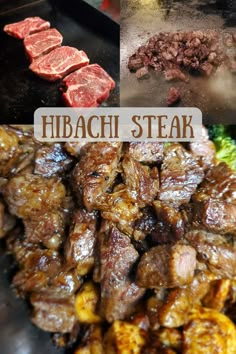 steak and broccoli cooking on a grill with the words hibachi steak above it