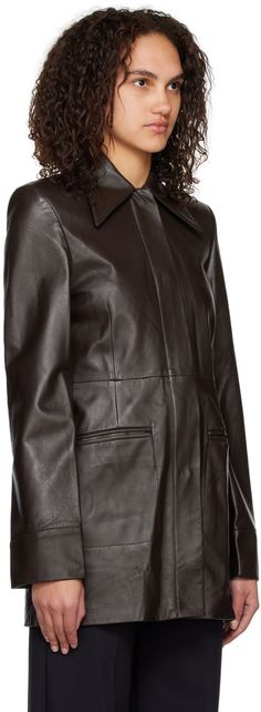 Grained lambskin jacket. · Spread collar · Press-stud placket · Welt pockets · Darts at front · Padded shoulders · Vented back hem · Full satin lining Supplier color: Brown Formal Leather Jacket With Concealed Fastening For Fall, Classic Leather Jacket With Padded Collar For Work, Classic Leather Jacket With Concealed Fastening For Winter, Winter Business Leather Jacket With Concealed Front, Winter Business Leather Jacket With Concealed Fastening, Classic Fall Leather Jacket With Concealed Fastening, Elegant Fall Leather Jacket With Concealed Fastening, Workwear Leather Jacket With Padded Lapel Collar, Leather Jacket With Padded Lapel Collar For Work