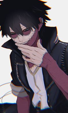 an anime character with black hair wearing a leather jacket and holding his hand to his mouth