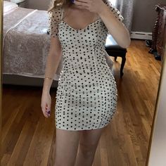 Never Worn, Fits A True Size 0, Would Fit A 2 As Well, I’m 5’1, 25in Waist Ruched Mini Dress, Puff Sleeve, Polka Dot, Polka Dots, Mesh, Mini Dress, Black White, Womens Dresses, Black And White