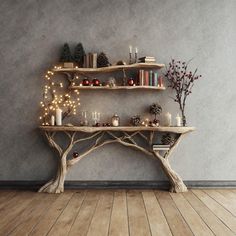 a wooden table topped with candles and christmas decorations next to a wall filled with books