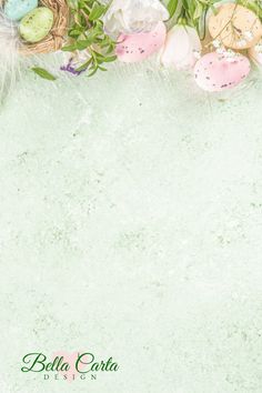 an easter background with eggs, flowers and feathers on the top right corner in pastel green