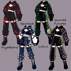 four different kinds of anime outfits with names on them, all in black and white