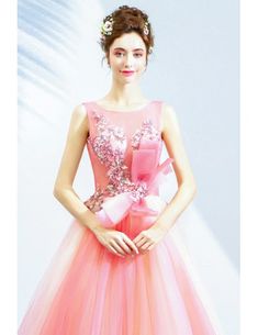 Romantic Pink Organza Long Party Dress With Flowers Big Bow Front Wholesale #T78050 - GemGrace.com Pink Summer Evening Dress For Wedding, Pink Mini Dress For Banquet And Party Season, Pink Mini Dress For Banquet During Party Season, Pink Summer Wedding Evening Dress, Summer Wedding Pink Evening Dress, Pink Evening Dress For Banquet - Party Season, Pink Summer Evening Dress For Prom, Pink Evening Dress For Summer Banquet, Pink Evening Dress For Spring Banquet