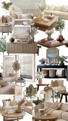 a collage of living room furniture and decor items in neutral tones, including couches, chairs, tables, coffee table, rugs