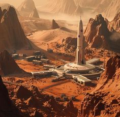 an artist's rendering of a space station in the middle of mountains and deserts