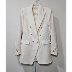 Jason Wu Women's Cream Tweed Double Breasted Button Blazer/Jacket Sz M -Long Sleeve Double Breasted Fully Lined Blazer With Peak Lapels, Shoulder Pads, And Button Closure On The Interior And Front Of Jacket -Textured Ivory/Cream-Colored Tweed Jacket Has 2 Front Flap Pockets On Left And Right Lower Portion Of The Garment, And A Single Vent On The Back -Gold Textured Button Embellishments On Front Of Garment And On Cuff Sleeves -Blazer Is In Great Condition, A Versatile Piece Of Clothing As It Can Button Embellishments, Colored Pants, Jason Wu, Blazer Buttons, Tweed Jacket, Cuff Sleeves, Sophisticated Style, Left And Right, Colored Jeans