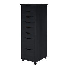 a black cabinet with five drawers on wheels