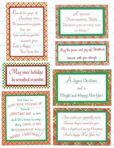 four christmas gift tags with the words, merry and happy holidays written in red on them