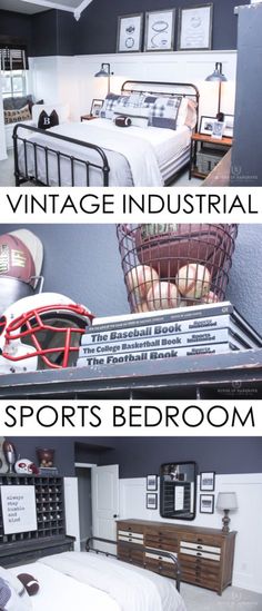 the inside of a bedroom with two beds and sports memorabilia