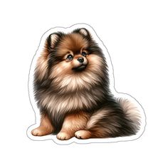 a brown and black dog sitting on top of a white floor next to a sticker