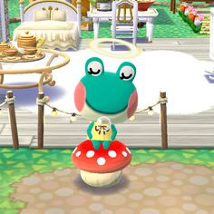 a cartoon frog sitting on top of a mushroom in the middle of a room filled with furniture