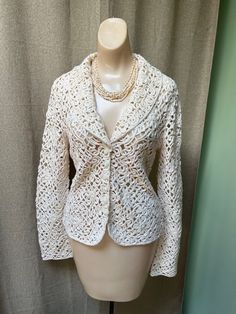 Very cute open weave Alpaca fine merino wool sweater with the look of a soft blazer.  Never worn.   Italian yarn. Shawl collar.  Buttons down the front (you might need to tighten or reposition the top button.    You'll wear a camisole underneath for obvious reasons. You see the sweater on my size S dress form so up to about  a size 6 lady. Measurements with sweater flat on table not stretched - 34" around chest 30" around waist 22" length 25" sleeves Soft Blazer, Yarn Shawl, Woven Cardigan, Cardigan Top, Open Weave, Merino Wool Sweater, Dress Form, Soft Wool, Wool Cardigan