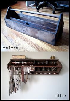 an old wooden box turned into a jewelry organizer