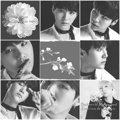 black and white photo collage with six different people, including one man holding a flower