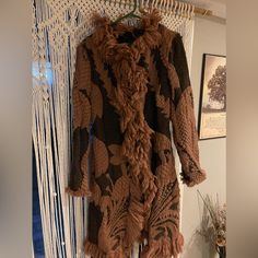 I Purchased This At The Design Studio In Nyc. Only A Handful Made. I Have Never Worn It. In Excel End Condition, Well Kept And Stored. Fitted Wool Sweater Coat In Brown, Fitted Brown Sweater Coat For Fall, Brown Wool Sweater Coat, Embroidered Wool Outerwear For Fall, Brown Embroidered Long Sleeve Outerwear, Fitted Brown Bohemian Outerwear, Fitted Bohemian Brown Outerwear, Bohemian Brown Long Coat, Embroidered Wool