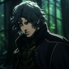 an anime character with black hair and green eyes standing in front of a forest filled with trees