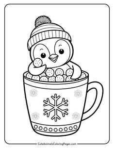 A cute penguin wearing a winter hat sits inside a large mug filled with small round treats, decorated with snowflakes and festive patterns. Ideal for a winter-themed coloring activity. Penguin Template Free Printable, Penguin Template, Penguin Outline, Cute Animals Coloring Pages, Penguin Christmas Cards, Template Free Printable, Penguin Coloring Pages