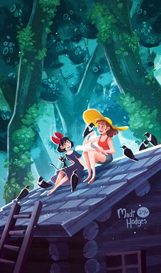 three cartoon characters sitting on top of a roof in the woods, one is holding an umbrella