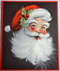 an old fashioned christmas card with santa claus's face and holly berry on it